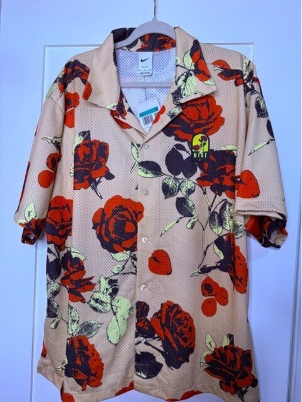 Nike Mens XL Floral Rose Button Up Shirt Red Black Short Sleeve NWT $85